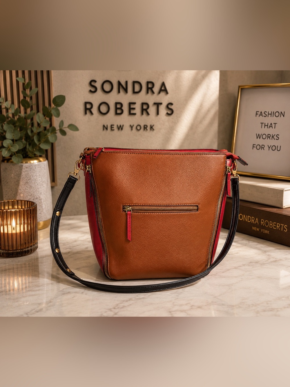 Sondra Roberts Brown and Red Squared Shoulder Bag